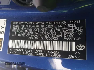 2018 Toyota Prius Two with VIN JTDKARFU2J3056932, listed as a IAAI auction lot 41637372 with 52,731 mi miles. Bid and sale history available at carsss.com. Image 8.