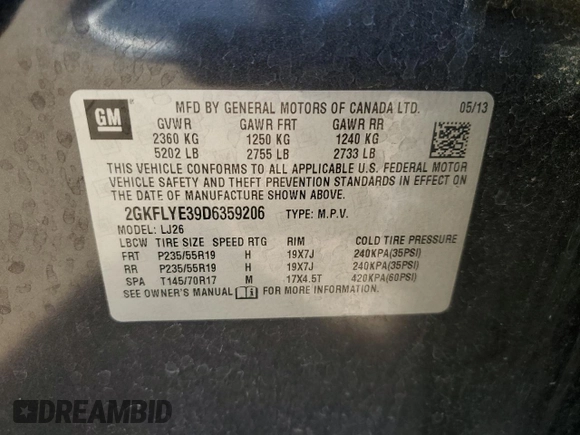 2013 GMC Terrain Denali with VIN 2GKFLYE39D6359206, listed as a Copart auction lot 44069305 with 96,734 mi miles and Salvage Title. Bid and sale history available at DreamBid. Image 15.