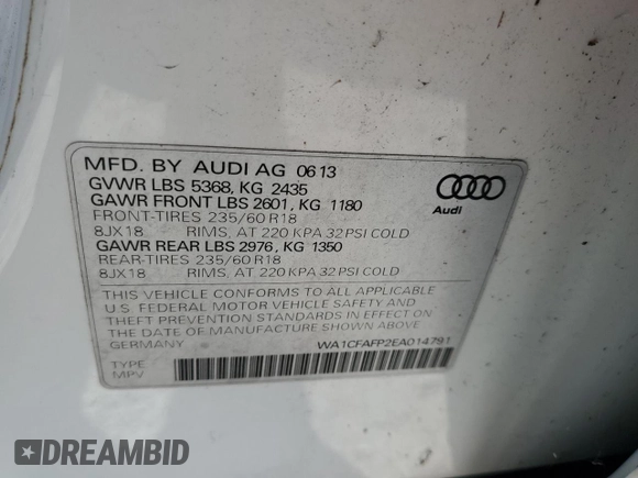 2014 Audi Q5 Premium z VIN WA1CFAFP2EA014791, wystawiony jako Copart lot #61251745 z przebiegiem 157 043 mil mil oraz Czysty tytuł • Clean title. Historia ofert i sprzedaży dostępna na DreamBid. Obrazek 13.