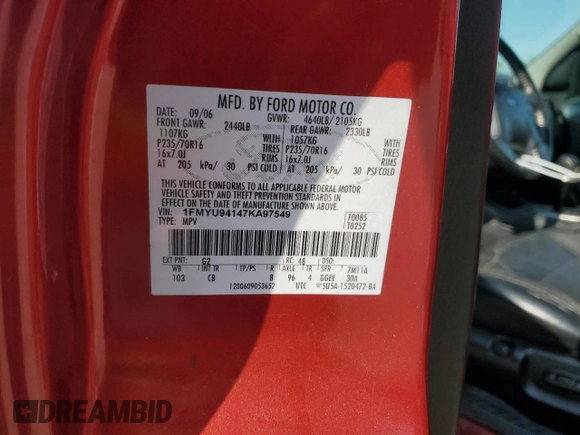 2007 Ford Escape Limited with VIN 1FMYU94147KA97549, listed as a Copart auction lot 55021385 with 231,533 mi miles and Salvage title. Bid and sale history available at DreamBid. Image 13.