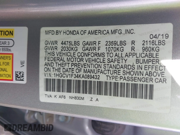 2019 Honda Accord Sport with VIN 1HGCV1F34KA089432, listed as a IAAI auction lot 42134526 with 62,398 mi miles and . Bid and sale history available at DreamBid. Image 9.