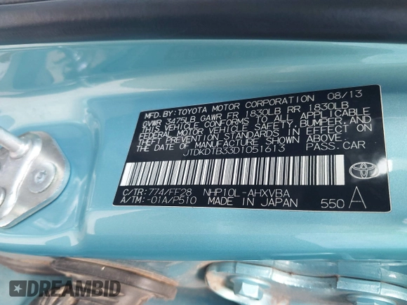 2013 Toyota Prius One with VIN JTDKDTB33D1051613, listed as a IAAI auction lot 42081513 with 97,101 mi miles. Bid and sale history available at carsss.com. Image 9.
