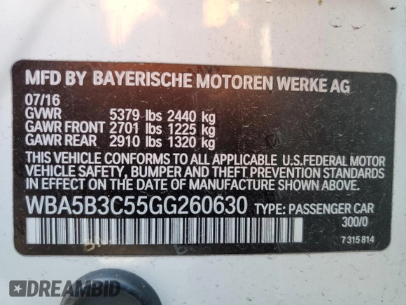 2016 BMW 5 Series 535i xDrive with VIN WBA5B3C55GG260630, listed as a Copart auction lot 58806995 with 72,028 mi miles and Salvage title. Bid and sale history available at DreamBid. Image 13.