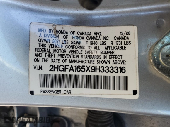 2009 Honda Civic LX z VIN 2HGFA165X9H333316, wystawiony jako Copart lot #55697715 z przebiegiem Nie podano mil oraz Szkody całkowita. Historia ofert i sprzedaży dostępna na DreamBid. Obrazek 13.