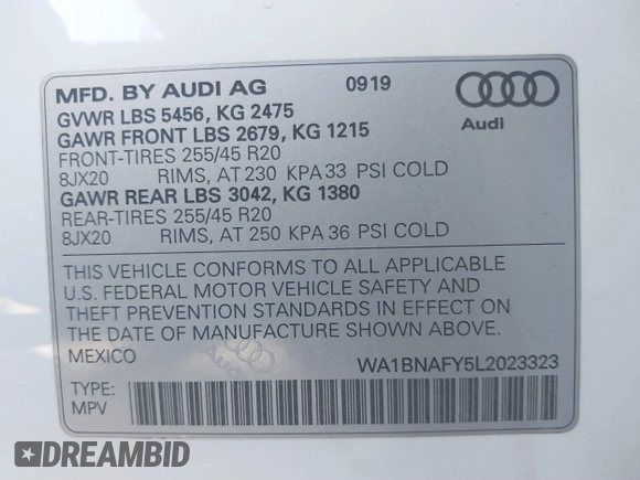 2020 Audi Q5 Premium Plus with VIN WA1BNAFY5L2023323, listed as a IAAI auction lot 41674930 with 35,847 mi miles and . Bid and sale history available at DreamBid. Image 9.