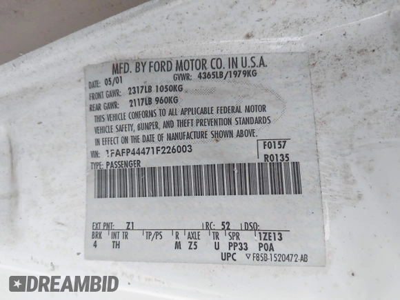 2001 Ford Mustang Deluxe с VIN 1FAFP44471F226003, выставлен на аукционе IAAI как лот 42079409 с пробегом 145 021 миль миль и . История ставок и продаж доступна на DreamBid. Изображение 9.