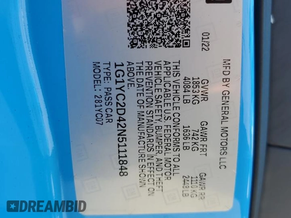 2022 Chevrolet Corvette 3LT z VIN 1G1YC2D42N5111848, wystawiony jako Copart lot #82081144 z przebiegiem 4 874 mil mil oraz Szkoda całkowita • Salvage title. Historia ofert i sprzedaży dostępna na DreamBid. Obrazek 14.
