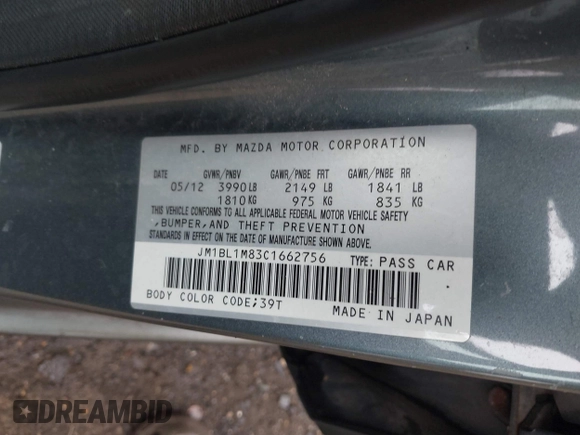 2012 Mazda 3 i Grand Touring with VIN JM1BL1M83C1662756, listed as a IAAI auction lot 41630564 with 153,725 mi miles and . Bid and sale history available at DreamBid. Image 9.