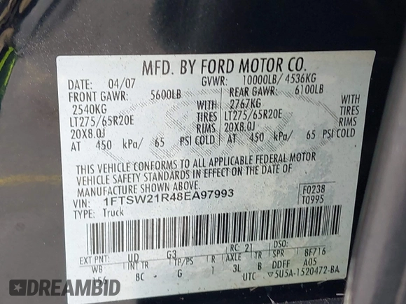 2008 Ford F-250 XL with VIN 1FTSW21R48EA97993, listed as a IAAI auction lot 42689379 with 217,325 mi miles and . Bid and sale history available at DreamBid. Image 9.