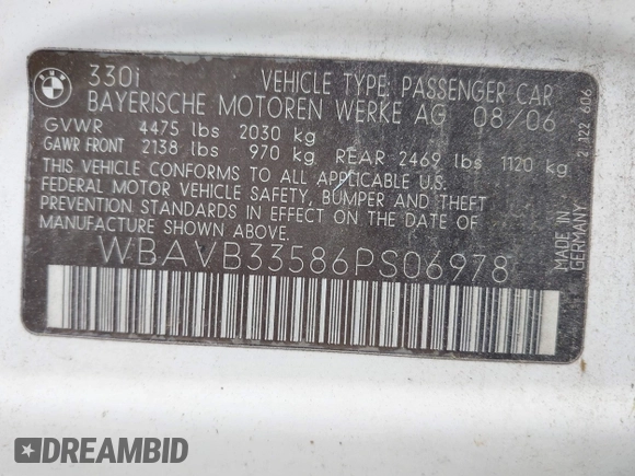 2006 BMW 3 Series 330i z VIN WBAVB33586PS06978, wystawiony jako IAAI lot #42263598 z przebiegiem Nie podano mil oraz . Historia ofert i sprzedaży dostępna na DreamBid. Obrazek 9.