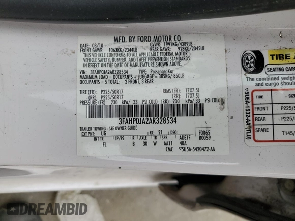 2010 Ford Fusion SEL with VIN 3FAHP0JA2AR328534, listed as a Copart auction lot 49550605 with 157,739 mi miles and Salvage Title. Bid and sale history available at carsss.com. Image 14.