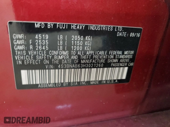 2017 Subaru Legacy with VIN 4S3BNAB63H3021260, listed as a Copart auction lot 46784305 with 85,319 mi miles and Salvage Title. Bid and sale history available at carsss.com. Image 13.