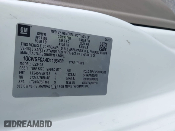 2013 Chevrolet Express Cargo with VIN 1GCWGFCA4D1193430, listed as a IAAI auction lot 42557051 with 245,205 mi miles and . Bid and sale history available at DreamBid. Image 9.