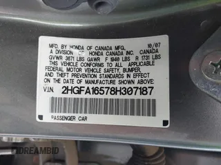 2008 Honda Civic LX z VIN 2HGFA16578H307187, wystawiony jako IAAI lot #42394956 z przebiegiem 56 834 mil mil oraz . Historia ofert i sprzedaży dostępna na DreamBid. Obrazek 9.