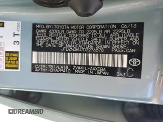 2013 Toyota Prius Two with VIN JTDZN3EU7D3276878, listed as a Copart auction lot 52577825 with Not Provided miles and Salvage Title. Bid and sale history available at DreamBid. Image 14.