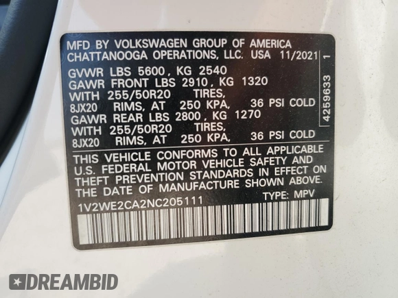 2022 Volkswagen Atlas SE with VIN 1V2WE2CA2NC205111, listed as a Copart auction lot 53278475 with 65,721 mi miles and Salvage title. Bid and sale history available at DreamBid. Image 13.