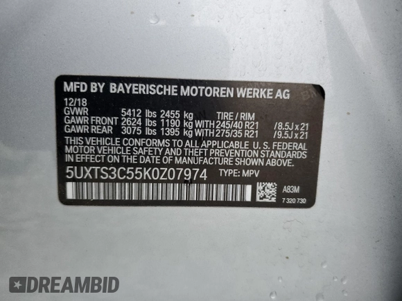 2019 BMW X3 M40i with VIN 5UXTS3C55K0Z07974, listed as a Copart auction lot 52582205 with 71,739 mi miles and Salvage Title. Bid and sale history available at DreamBid. Image 13.