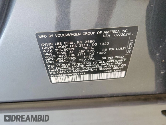 2024 Volkswagen Atlas SE with VIN 1V2HR2CA4RC557741, listed as a IAAI auction lot 42791846 with 20,380 mi miles and . Bid and sale history available at DreamBid. Image 23.