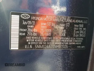 2022 Hyundai Santa Fe SEL with VIN 5NMS24AJ3NH377026, listed as a Copart auction lot 52202505 with 33,051 mi miles and Salvage Title. Bid and sale history available at DreamBid. Image 13.