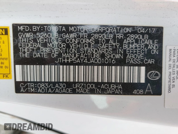 2018 Lexus LC 500h z VIN JTHHP5AY4JA001016, wystawiony jako Copart lot #53820545 z przebiegiem Nie podano mil oraz Szkody całkowita. Historia ofert i sprzedaży dostępna na DreamBid. Obrazek 12.