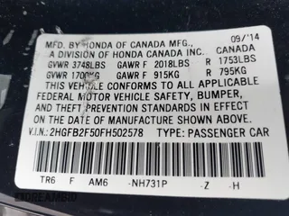 2015 Honda Civic LX with VIN 2HGFB2F50FH502578, listed as a IAAI auction lot 41417830 with 183,137 mi miles and . Bid and sale history available at DreamBid. Image 9.