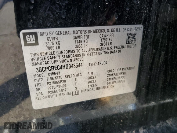 2017 Chevrolet Silverado 1500 LT with VIN 3GCPCREC4HG343544, listed as a Copart auction lot 45999325 with 162,029 mi miles and Salvage Title. Bid and sale history available at carsss.com. Image 14.