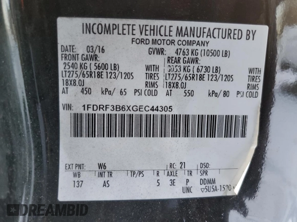 2016 Ford F-350 with VIN 1FDRF3B6XGEC44305, listed as a Copart auction lot 41782615 with 174,301 mi miles and Salvage title. Bid and sale history available at DreamBid. Image 12.