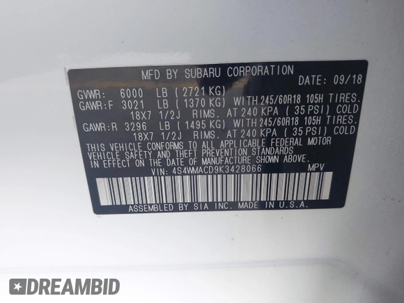 2019 Subaru Ascent Premium with VIN 4S4WMACD9K3428066, listed as a IAAI auction lot 42186152 with 132,640 mi miles and . Bid and sale history available at DreamBid. Image 9.