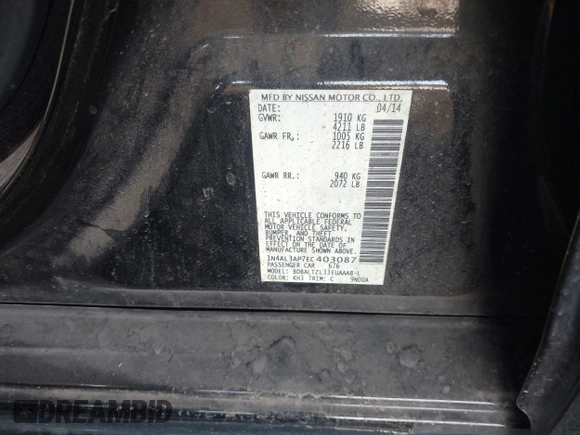 2014 Nissan Altima SL with VIN 1N4AL3AP7EC403087, listed as a IAAI auction lot 40977621 with 141,728 mi miles and . Bid and sale history available at DreamBid. Image 9.