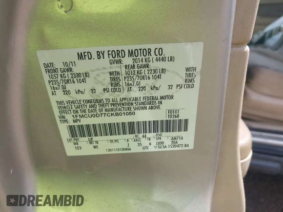 2012 Ford Escape XLT with VIN 1FMCU0D77CKB01050, listed as a IAAI auction lot 42513535 with 190,526 mi miles and . Bid and sale history available at DreamBid. Image 9.