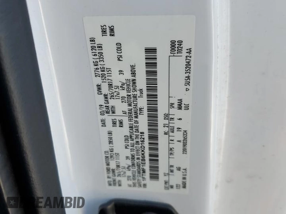 2019 Ford F-150 XL с VIN 1FTMF1EB6KKD16218, выставлен на аукционе Copart как лот 42721945 с пробегом 160 259 миль миль и Списание • Salvage title. История ставок и продаж доступна на DreamBid. Изображение 12.
