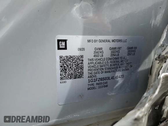 2020 Chevrolet Bolt EV Premier with VIN 1G1FZ6S03L4141473, listed as a Copart auction lot 54556515 with Not provided miles and Salvage title. Bid and sale history available at DreamBid. Image 14.