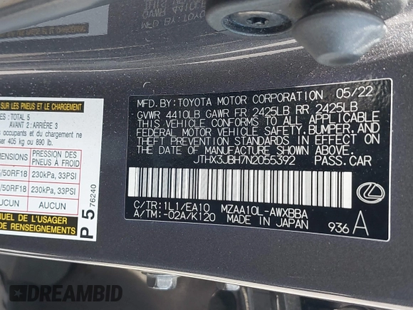 2022 Lexus UX 200 с VIN JTHX3JBH7N2055392, выставлен на аукционе IAAI как лот 42282895 с пробегом 46 776 миль миль и . История ставок и продаж доступна на DreamBid. Изображение 9.