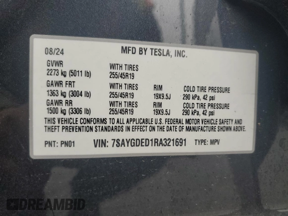 2024 Tesla Model Y with VIN 7SAYGDED1RA321691, listed as a Copart auction lot 52153945 with 7,544 mi miles and Salvage Title. Bid and sale history available at DreamBid. Image 13.