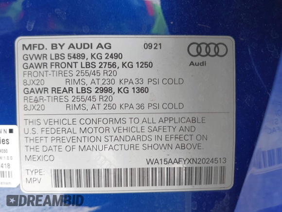 2022 Audi Q5 Sportback S line Premium Plus with VIN WA15AAFYXN2024513, listed as a IAAI auction lot 41307024 with 28,715 mi miles and . Bid and sale history available at DreamBid. Image 9.