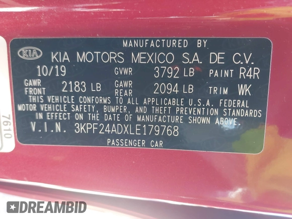 2020 Kia Forte LXS with VIN 3KPF24ADXLE179768, listed as a IAAI auction lot 41750635 with 64,324 mi miles. Bid and sale history available at carsss.com. Image 9.