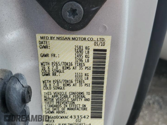 2010 Nissan Frontier SE z VIN 1N6AD0CWXAC433542, wystawiony jako Copart lot #54624735 z przebiegiem 61 232 mil mil oraz Szkoda całkowita • Salvage title. Historia ofert i sprzedaży dostępna na DreamBid. Obrazek 12.