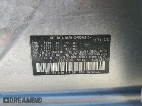 2023 Subaru Impreza with VIN 4S3GTAB60P3706407, listed as a Copart auction lot 53263305 with 41,436 mi miles and Salvage title. Bid and sale history available at DreamBid. Image 12.