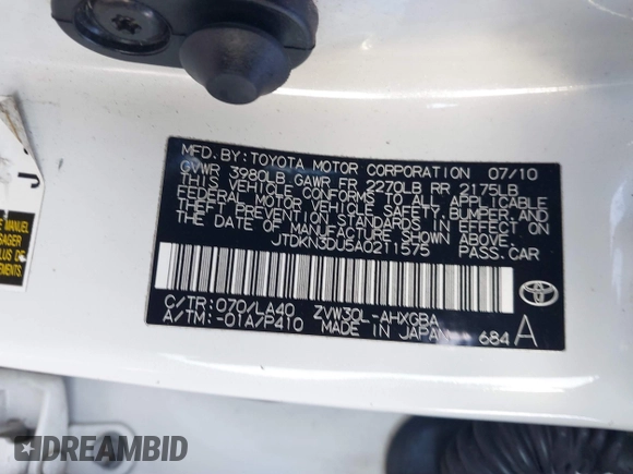 2010 Toyota Prius II with VIN JTDKN3DU5A0211575, listed as a IAAI auction lot 41686030 with 93,064 mi miles. Bid and sale history available at carsss.com. Image 9.