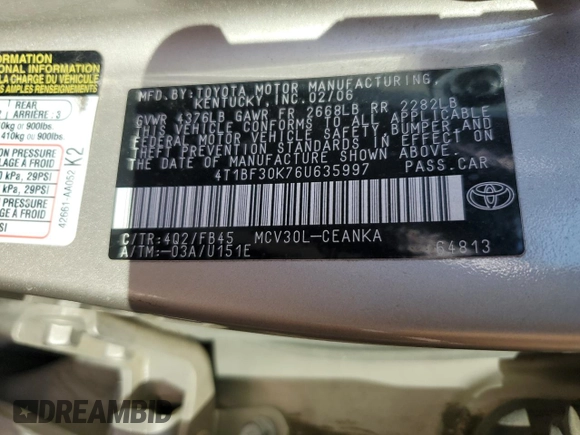 2006 Toyota Camry LE z VIN 4T1BF30K76U635997, wystawiony jako Copart lot #42248954 z przebiegiem 160 231 mil mil oraz Szkoda całkowita • Salvage title. Historia ofert i sprzedaży dostępna na DreamBid. Obrazek 12.