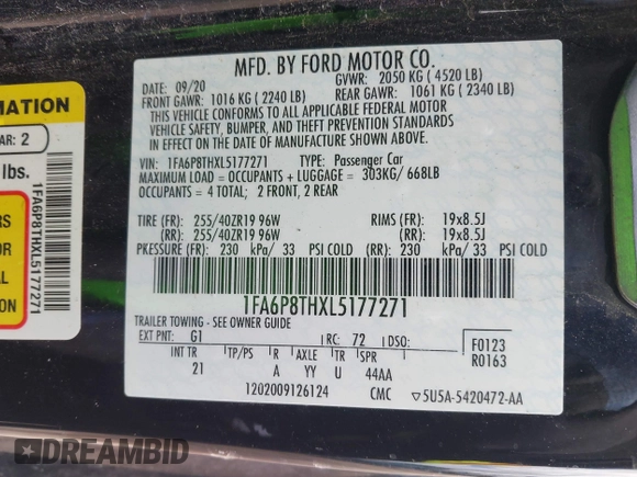 2020 Ford Mustang EcoBoost with VIN 1FA6P8THXL5177271, listed as a IAAI auction lot 41816058 with 87,226 mi miles and . Bid and sale history available at DreamBid. Image 9.