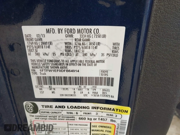 2013 Ford F-150 XL with VIN 1FTFW1EF0DFB64914, listed as a IAAI auction lot 41374294 with 186,000 mi miles. Bid and sale history available at carsss.com. Image 9.