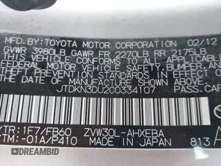 2012 Toyota Prius One with VIN JTDKN3DU2C0334107, listed as a IAAI auction lot 41891637 with 173,469 mi miles. Bid and sale history available at carsss.com. Image 9.