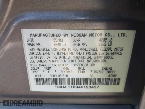 2004 Nissan Altima S with VIN 1N4AL11D94C123437, listed as a IAAI auction lot 41878048 with 1 mi miles. Bid and sale history available at carsss.com. Image 9.