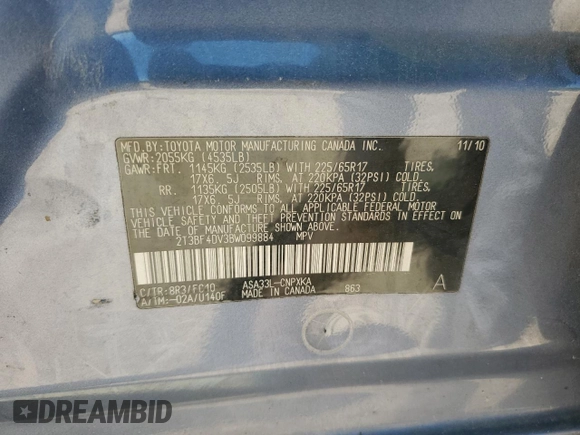 2011 Toyota RAV4 with VIN 2T3BF4DV3BW099884, listed as a Copart auction lot 53336695 with 163,532 mi miles and Salvage Title. Bid and sale history available at carsss.com. Image 13.