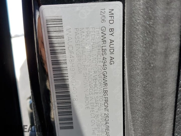 2007 Audi A4 2.0T с VIN WAUDF48H97K024018, выставлен на аукционе Copart как лот 52351365 с пробегом 37 104 миль миль и Списание • Salvage title. История ставок и продаж доступна на DreamBid. Изображение 12.