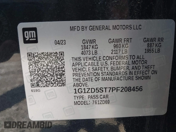 2023 Chevrolet Malibu LT with VIN 1G1ZD5ST7PF208456, listed as a IAAI auction lot 42062278 with 53,637 mi miles and . Bid and sale history available at DreamBid. Image 9.