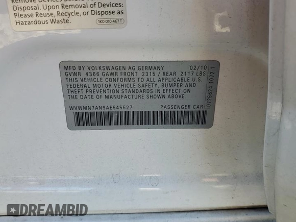2010 Volkswagen CC Sport with VIN WVWMN7AN9AE545527, listed as a Copart auction lot 75235154 with 132,893 mi miles and Salvage Title. Bid and sale history available at DreamBid. Image 12.