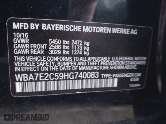 2017 BMW 7 Series 740i с VIN WBA7E2C59HG740083, выставлен на аукционе IAAI как лот 41923621 с пробегом 115 591 миль миль и . История ставок и продаж доступна на DreamBid. Изображение 9.
