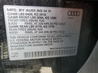 2019 Audi Q7 Premium with VIN WA1AHAF79KD040915, listed as a Copart auction lot 53300495 with 54,295 mi miles and Salvage title. Bid and sale history available at DreamBid. Image 15.